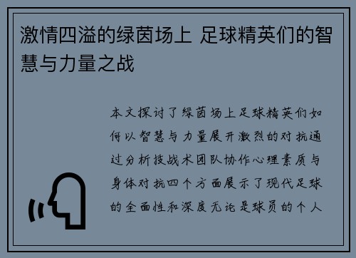 激情四溢的绿茵场上 足球精英们的智慧与力量之战